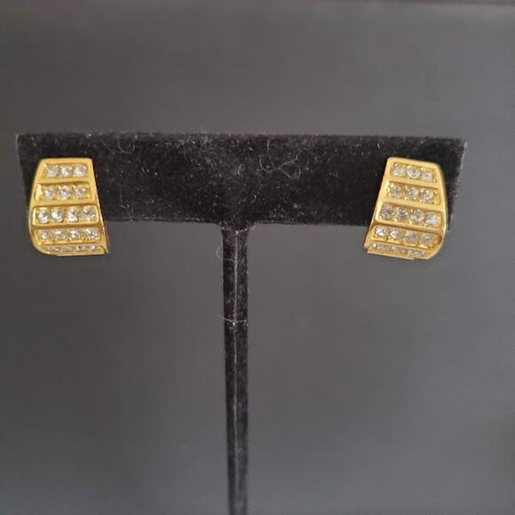 Christian Dior Vintage Gold Plate Rhinestone Pave Clip On Hoop Earrings Chr.Dior - Picture 2 of 7